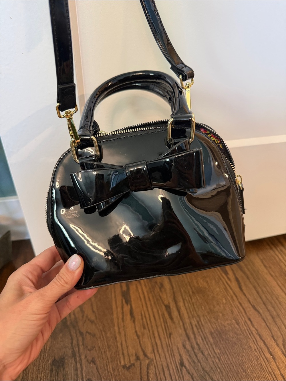 Betsey Johnson Patent Bow Accent Mini Crossbody Bag - Black - USED